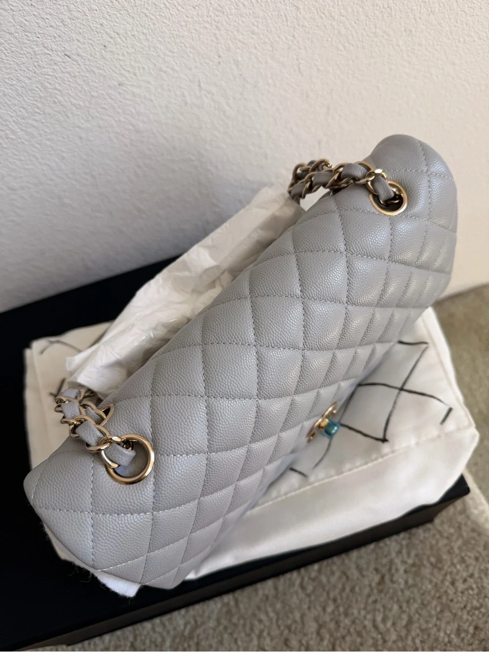 CHANEL 21A Light Grey light GHW Caviar Quilted Medium Double Flap with Receipt